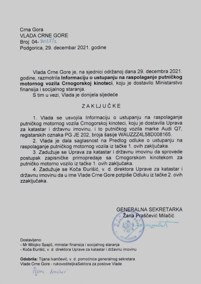 Informacija o ustupanju na raspolaganje putničkog motornog vozila Crnogorskoj kinoteci - zaključci