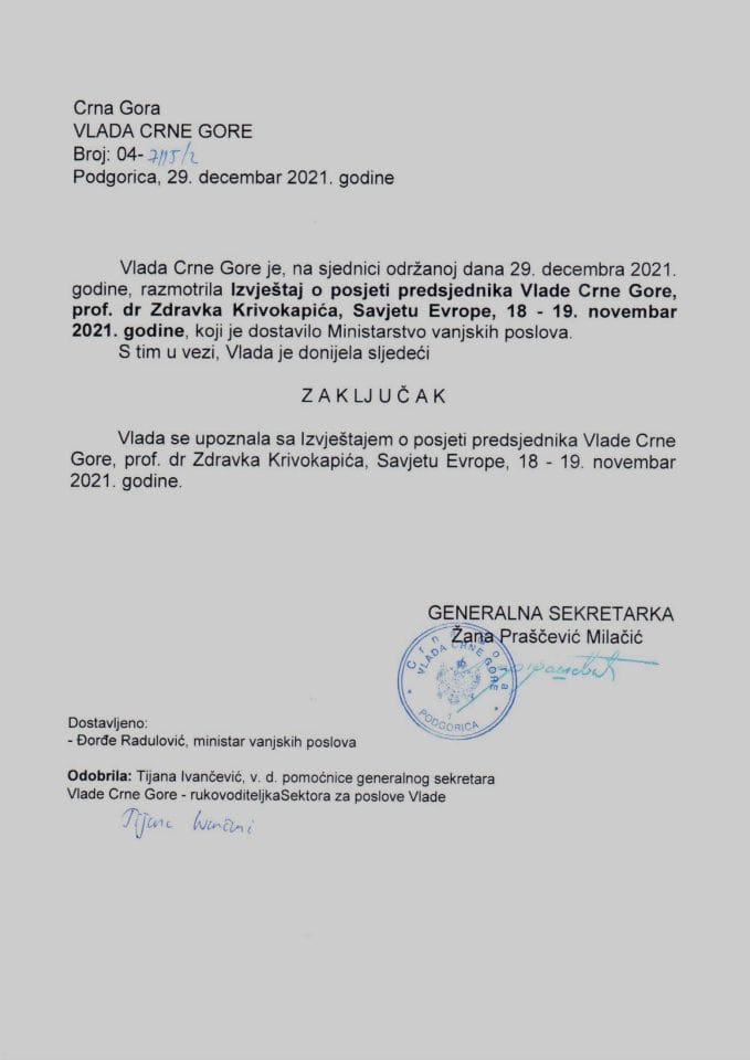 Izvještaj o posjeti predsjednika Vlade Crne Gore prof. dr Zdravka Krivokapića Savjetu Evrope, 18-19. novembar 2021. godine - zaključci