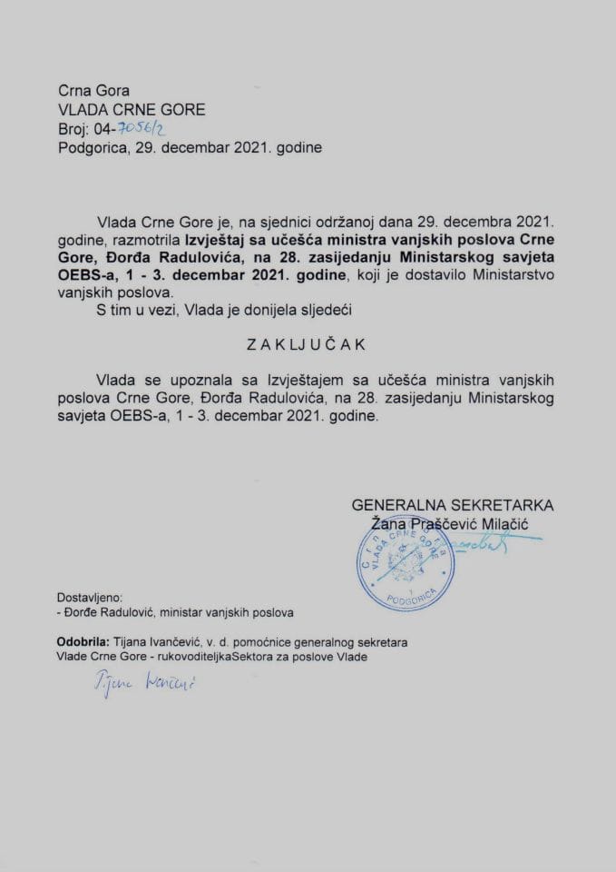 Izvještaj o učešću ministra vanjskih poslova Crne Gore Đorđa Radulovića na 28. zasijedanju Ministarskog savjeta OEBS-a, 1-3. decembar 2021. godine - zaključci