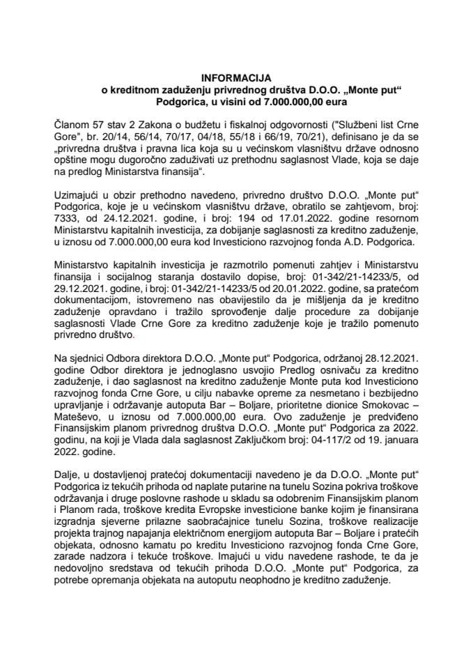 Informacija o kreditnom zaduženju privrednog društva D.O.O. „Monte put“ Podgorica, u visini od 7.000.000,00 eura