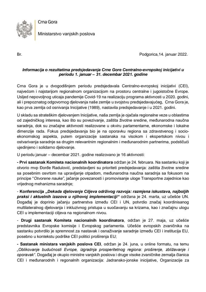 Informacija o rezultatima predsjedavanja Crne Gore Centralno - evropskoj inicijativi (CEI) u periodu 1. januar - 31. decembar 2021. godine