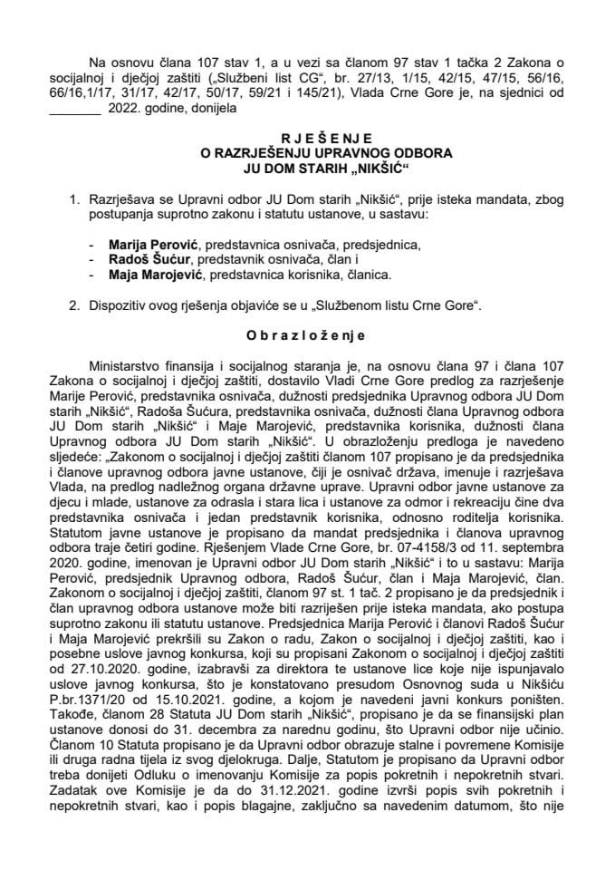 Предлог за разрјешење и именовање Управног одбора ЈУ Дом старих "Никшић"