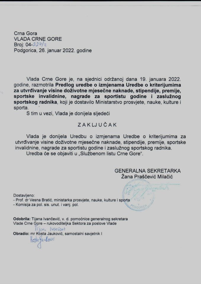 Предлог уредбе о измјенама Уредбе о критеријумима за утврђивање висине доживотне мјесечне накнаде, стипендије, премије, спортске инвалиднине, награде за спортисту године и заслужног спортског радника - закључци