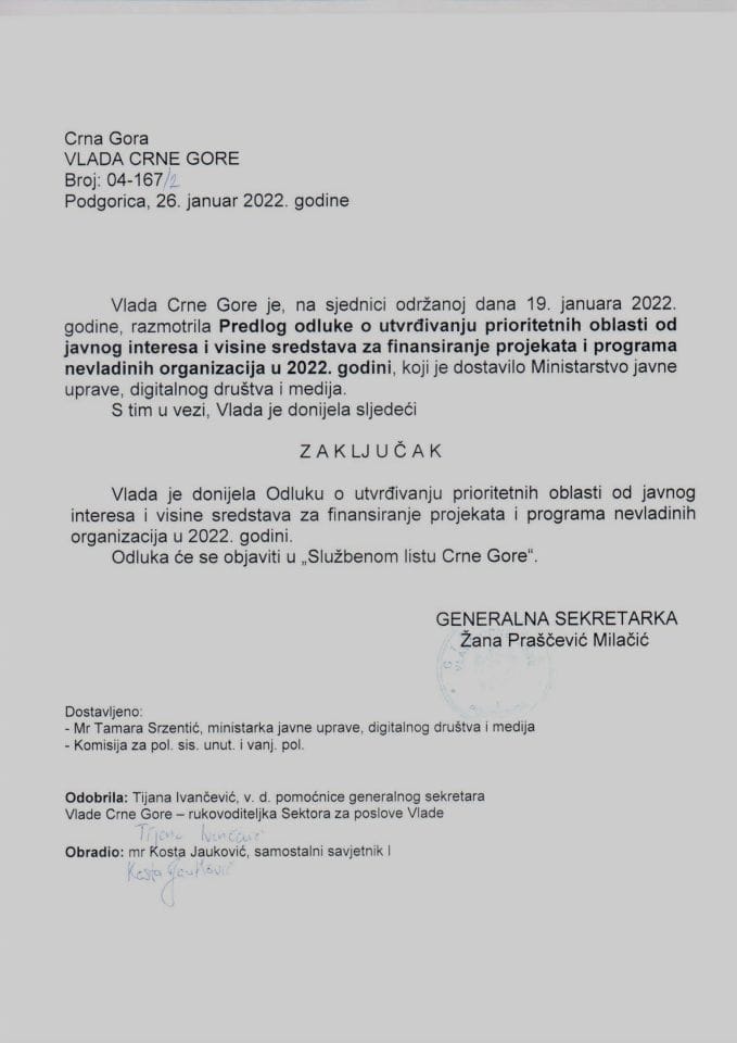 Предлог одлуке о утврђивању приоритетних области од јавног интереса и висине средстава за финансирање пројеката и програма невладиних организација у 2022. години - закључци