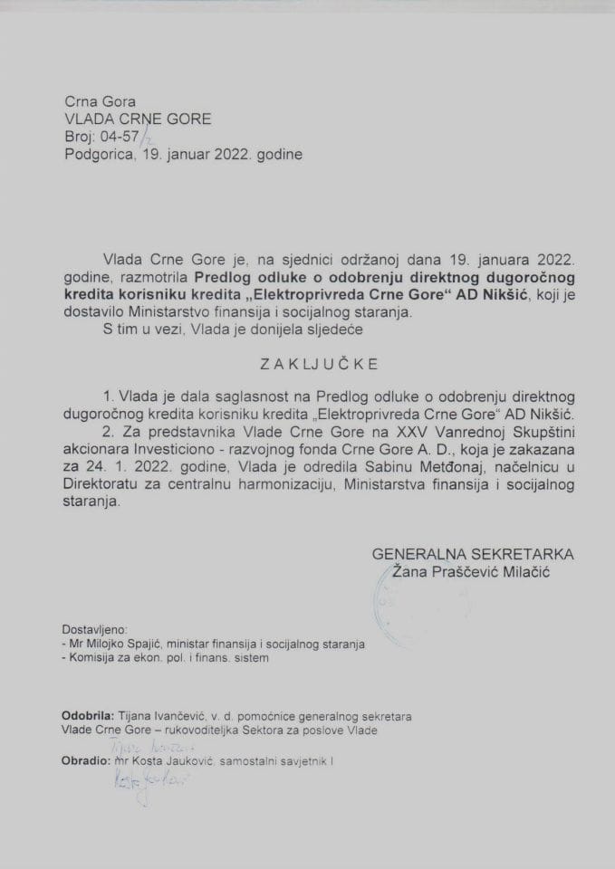 Предлог одлуке о одобрењу директног дугорочног кредита кориснику кредита „Електропривреда Црне Горе“ АД Никшић - закључци