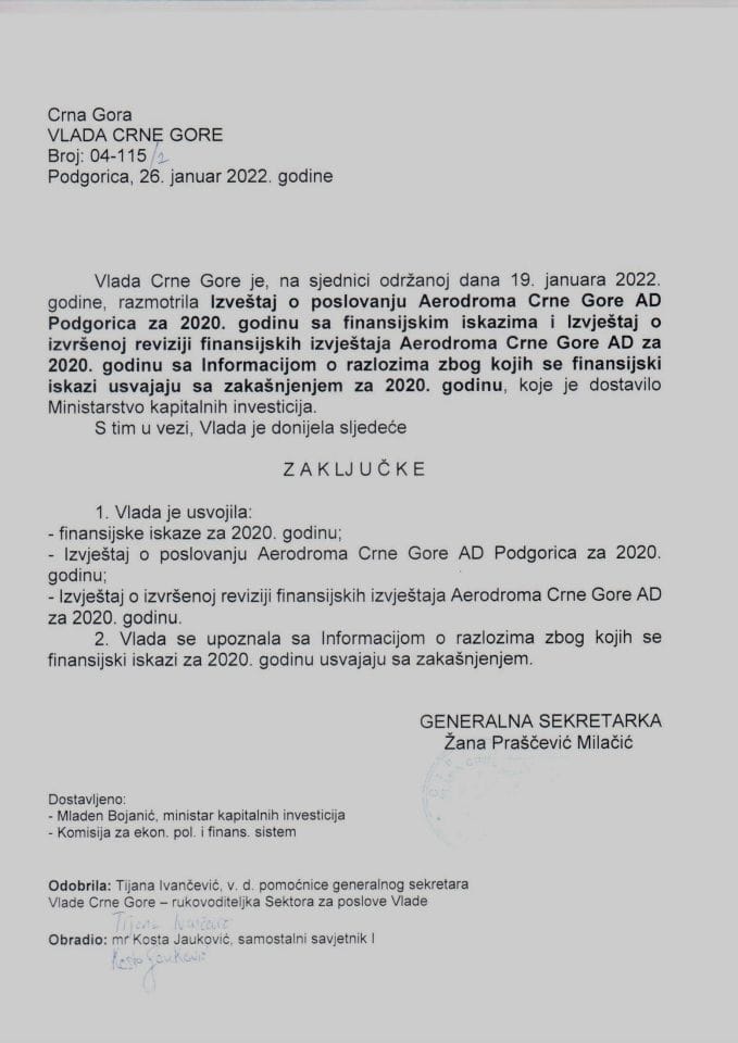 Извештај о пословању Аеродрома Црне Горе АД Подгорица за 2020. годину са финансијским исказима и Извјештај о извршеној ревизији финансијских извјештаја Аеродрома Црне Горе АД за 2020. годину са Информацијом - закључци