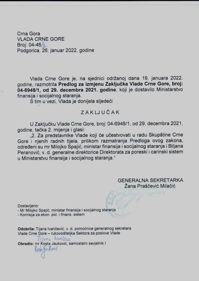 Predlog za izmjenu Zaključka Vlade Crne Gore, broj: 04-6948/1, od 29. decembra 2021. godine - zaključci