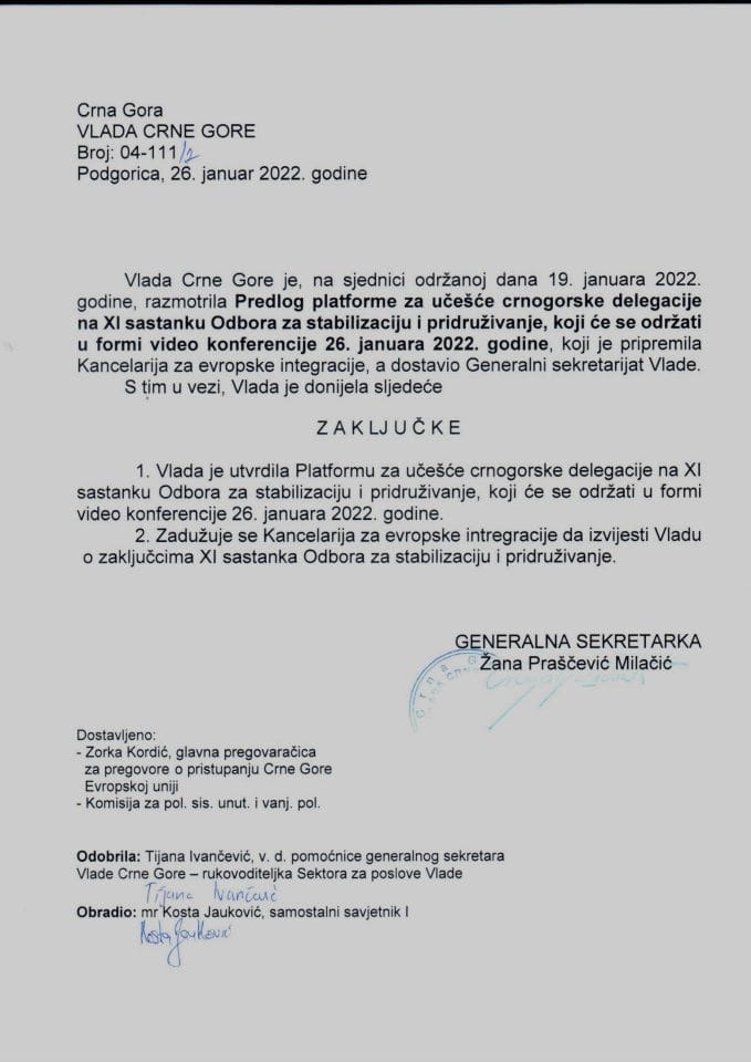 Predlog platforme za učešće crnogorske delegacije na XI sastanku Odbora za stabilizaciju i pridruživanje, koji će se održati u formi video konferencije 26. januara 2022. godine - zaključci
