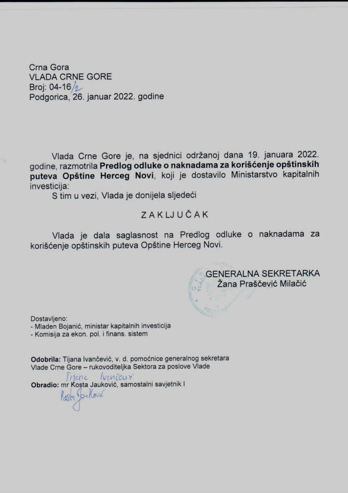 Predlog odluke o naknadama za korišćenje opštinskih puteva Opštine Herceg Novi - zaključci