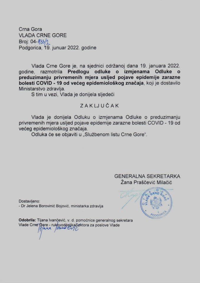 Предлог одлуке о измјенама Одлуке о предузимању привремених мјера усљед појаве епидемије заразне болести COVID-19 од већег епидемиолошког значаја - закључци