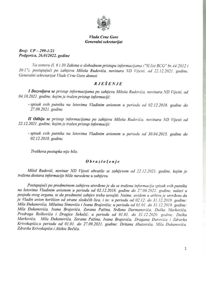 Informacija kojoj je pristup odobren po zahtjevu Miloša Rudovića, novinara ND Vijesti od 04.10.2021. godine – UP - 299-1/21