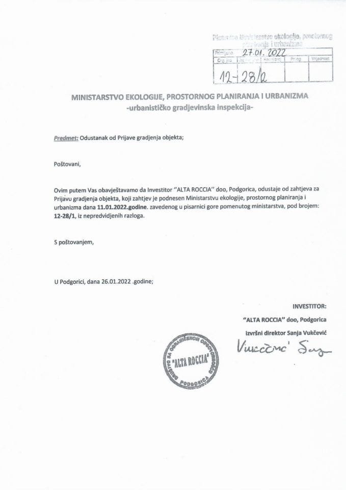 Prijava građenja objekta - 12-28-2 ALTA ROCCIA DOO