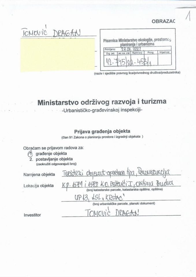 Prijava građenja objekta - 12-745-22-453-1 TOMOVIĆ DRAGAN