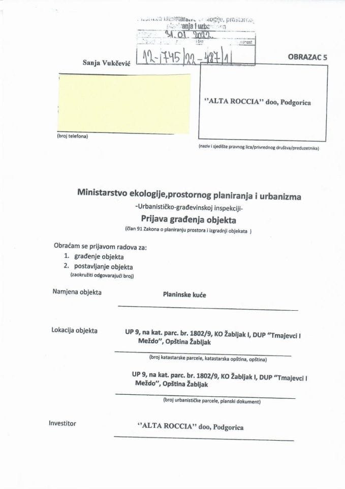 Prijava građenja objekta - 12-745-22-487-1 ALTA ROCCIA DOO