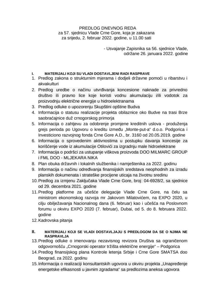 Predlog dnevnog reda za 57. sjednicu Vlade Crne Gore