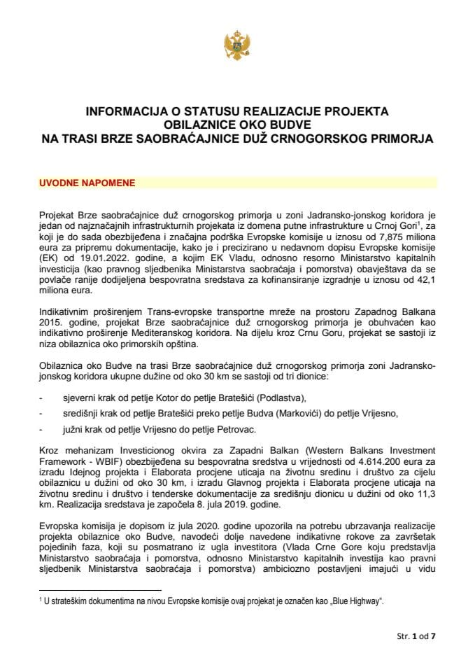 Informacija o statusu realizacije projekta obilaznice oko Budve na trasi Brze saobraćajnice duž crnogorskog primorja
