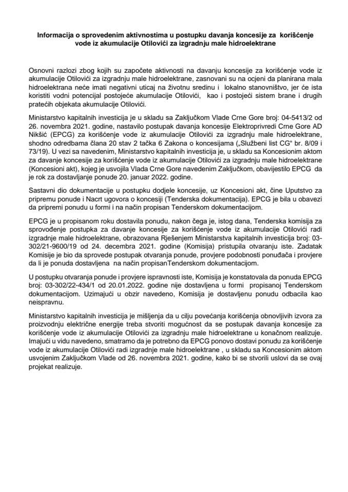 Informacija o sprovedenim aktivnostima u postupku davanja koncesije za korišćenje vode iz akumulacije Otilovići za izgradnju male hidroelektrane