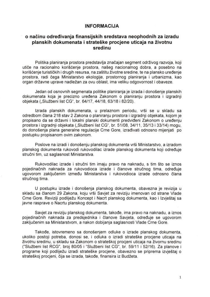 Informacija o načinu određivanja finansijskih sredstava neophodnih za izradu planskih dokumenata i strateške procijene uticaja na životnu sredinu