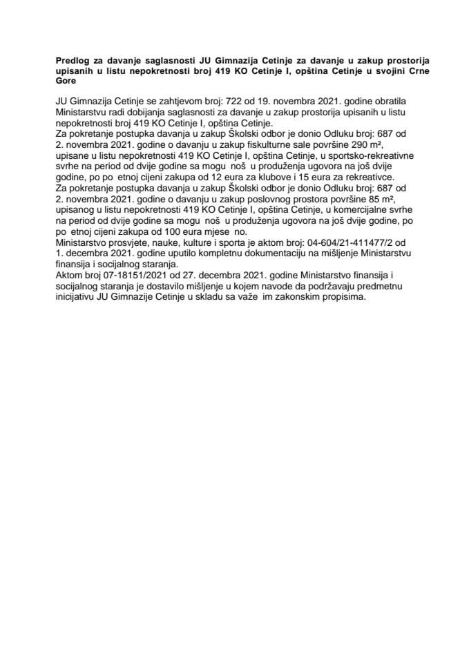 Predlog za davanje saglasnosti JU Gimnazija Cetinje za davanje u zakup prostorija upisanih u listu nepokretnosti broj 419 KO Cetinje I, opština Cetinje u svojini Crne Gore