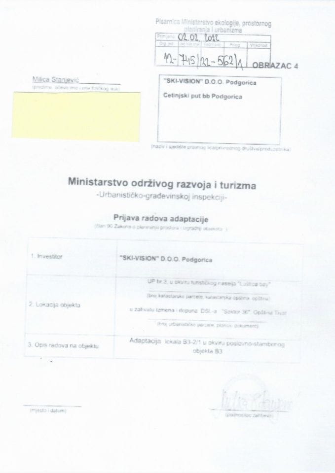 Prijava građenja objekta - 12-745-22-562-1 SKI-VISION DOO PODGORICA