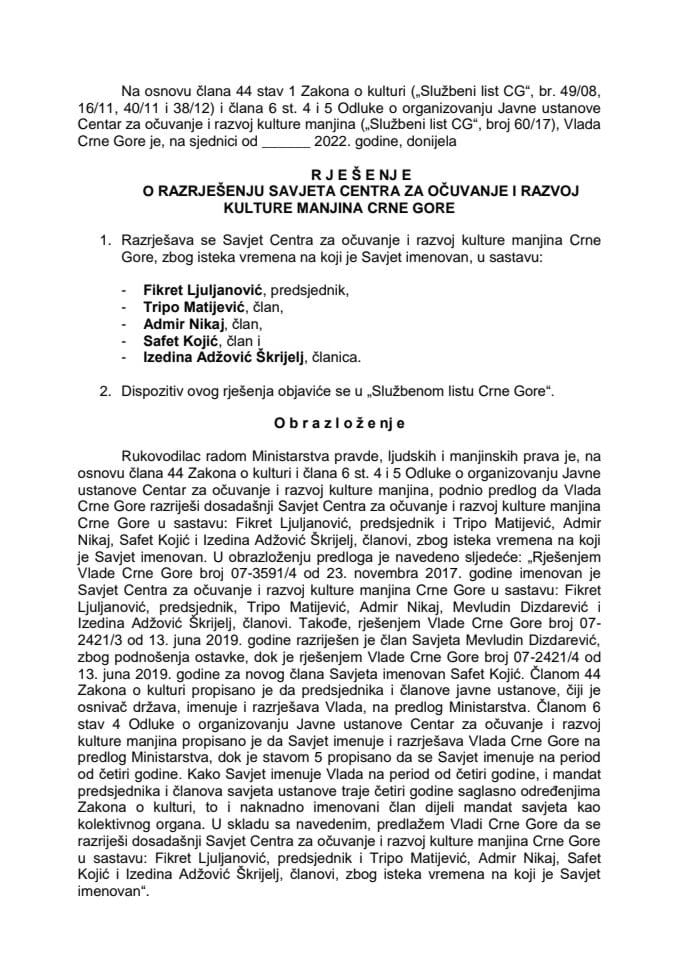 Предлог за разрјешење Савјета Јавне установе Центар за очување и развој културе мањина Црне Горе