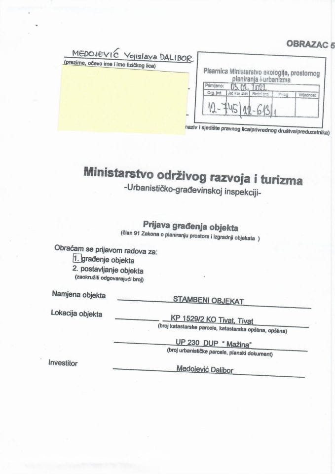 Prijava građenja objekta - 12-745-22-613-1 MEDOJEVIĆ DALIBOR