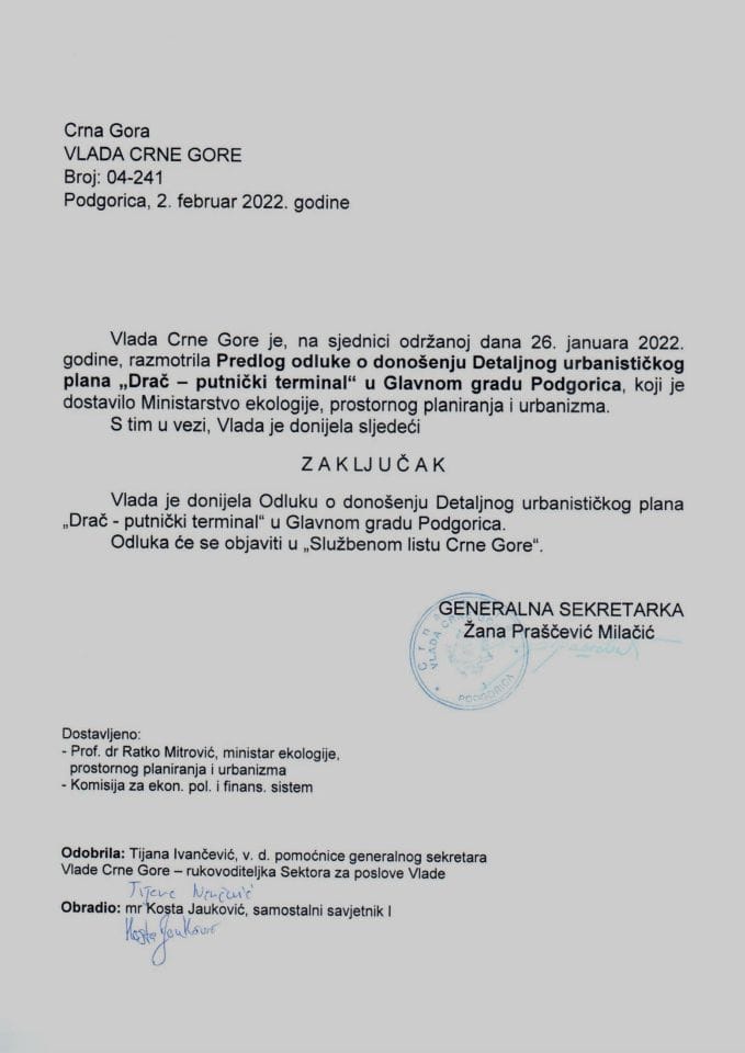 Предлог одлуке о доношењу Детаљног урбанистичког плана „Драч - путнички терминал“ у Главном граду Подгорица - закључци