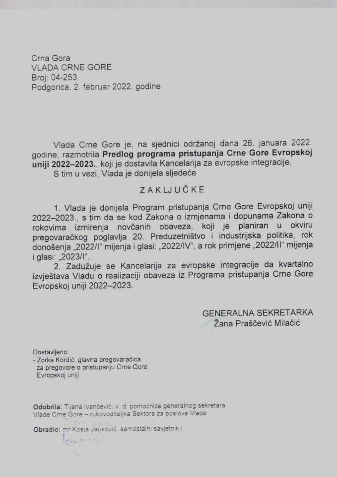 Predlog programa pristupanja Crne Gore Evropskoj uniji 2022 - 2023 - zaključci