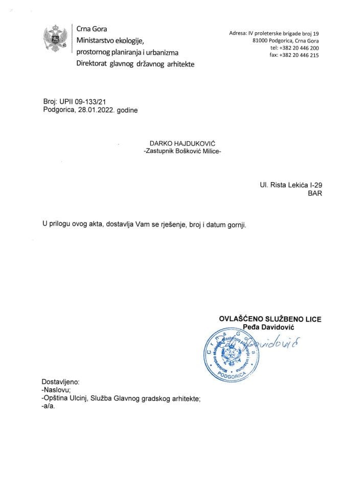 Rješenja po žalbi glavnog državnog arhitekte - UPII 09-133/21 - Darko Hajduković Bar - Opština Ulcinj