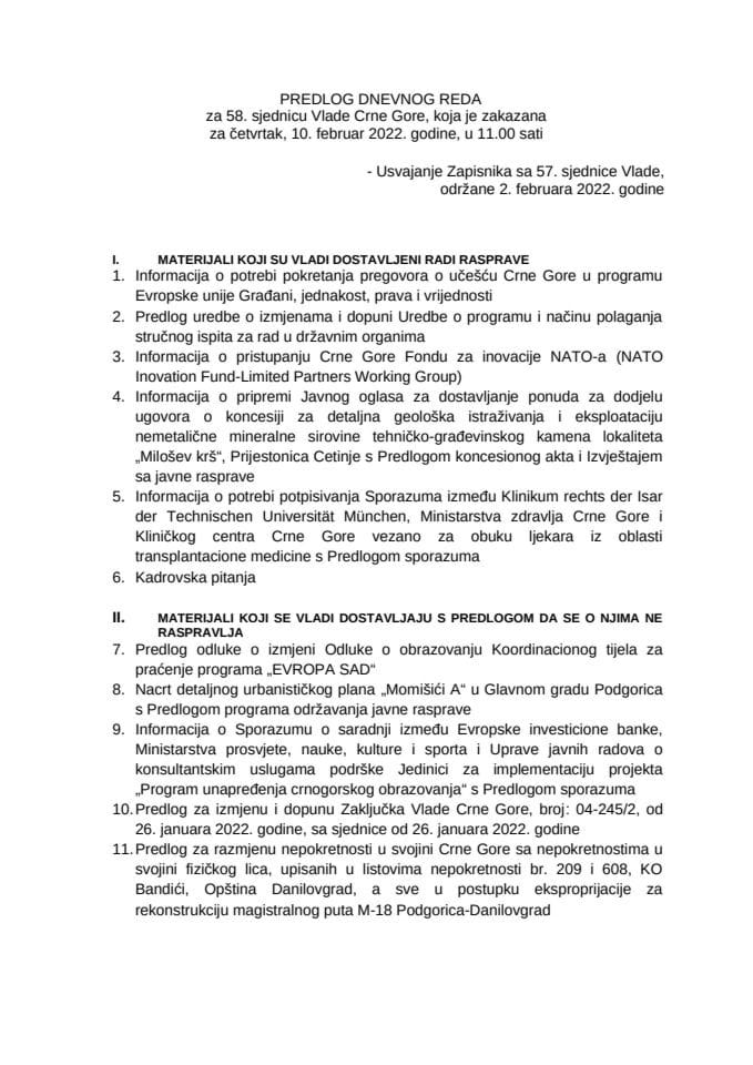 Предлог дневног реда за 58. сједницу Владе Црне Горе