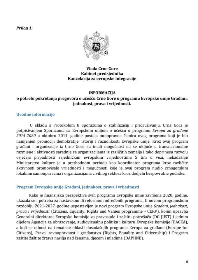 Информација о потреби покретања преговора о учешћу Црне Горе у програму Европске уније Грађани, једнакост, права и вриједности