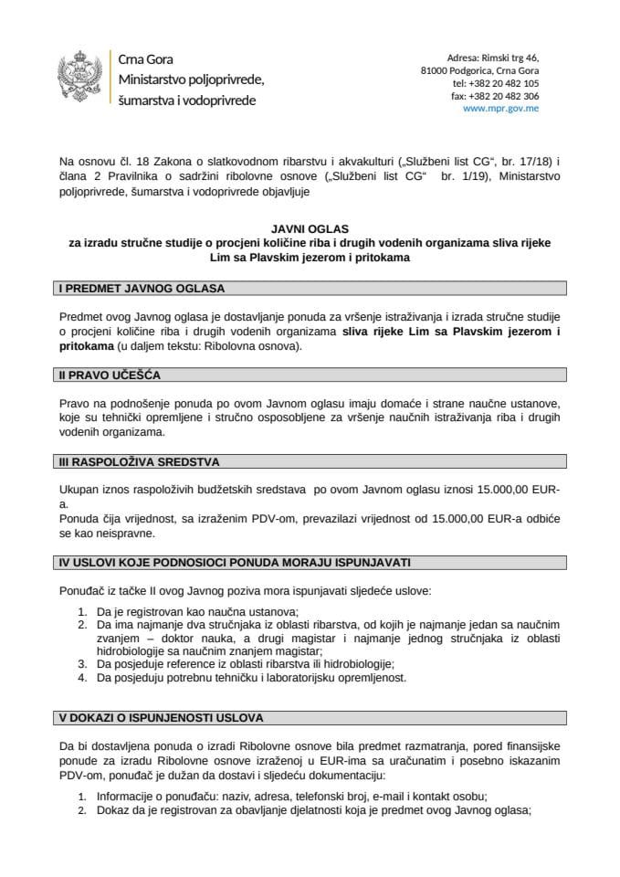 Javni oglas za izradu Ribolovne osnove sliva rijek Lim - Plavsko jezero