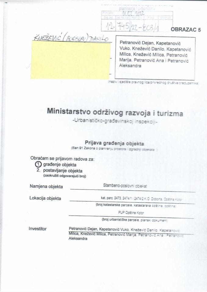 Prijava građenja objekta - 12-745-22-803-1 PETRANOVIĆ DEJAN, KAPETANOVIĆ VUKO, KNEŽEVIĆ DANILO, KAPETANOVIĆ MILICA, KNEŽEVIĆ MILICA, PETRANOVIĆ MAJA, PETRANOVIĆ ANA I PETRANOVIĆ ALEKSANDRA