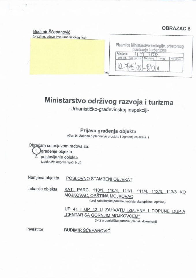 Prijava građenja objekta - 12-745-22-810-1 BUDIMIR ŠĆEPANOVIĆ