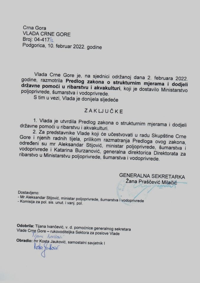 Предлог закона о структурним мјерама и додјели државне помоћи у рибарству и аквакултури - закључци