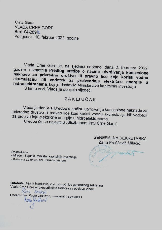 Предлог уредбе о начину утврђивања концесионе накнаде за привредно друштво или правно лице које користи водну акумулацију и/или водоток за производњу електричне енергије у хидроелектранама - закључци