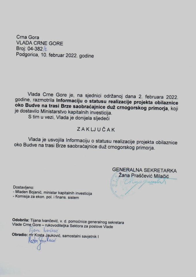 Информација о статусу реализације пројекта обилазнице око Будве на траси Брзе саобраћајнице дуж црногорског приморја - закључци