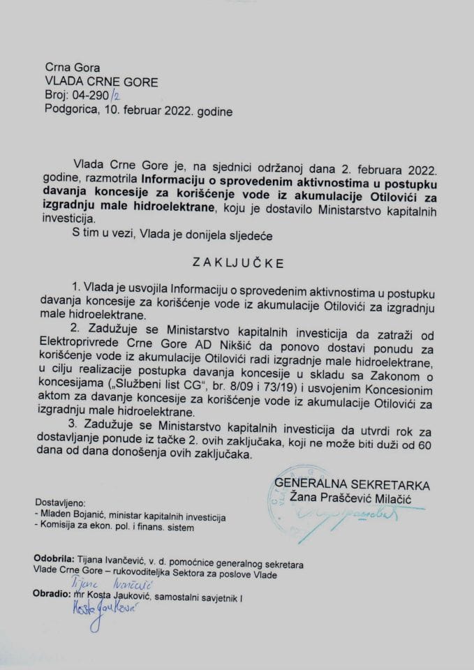 Информација о спроведеним активностима у поступку давања концесије за коришћење воде из акумулације Отиловићи за изградњу мале хидроелектране - закључци