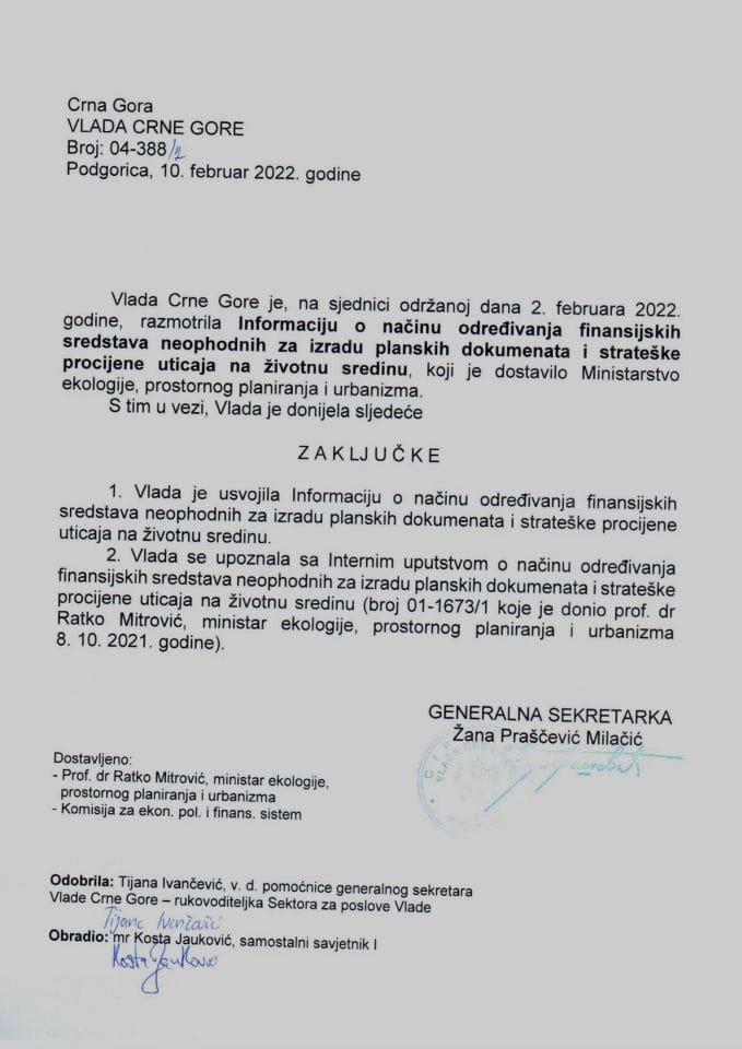 Информација о начину одређивања финансијских средстава неопходних за израду планских докумената и стратешке процијене утицаја на животну средину - закључци