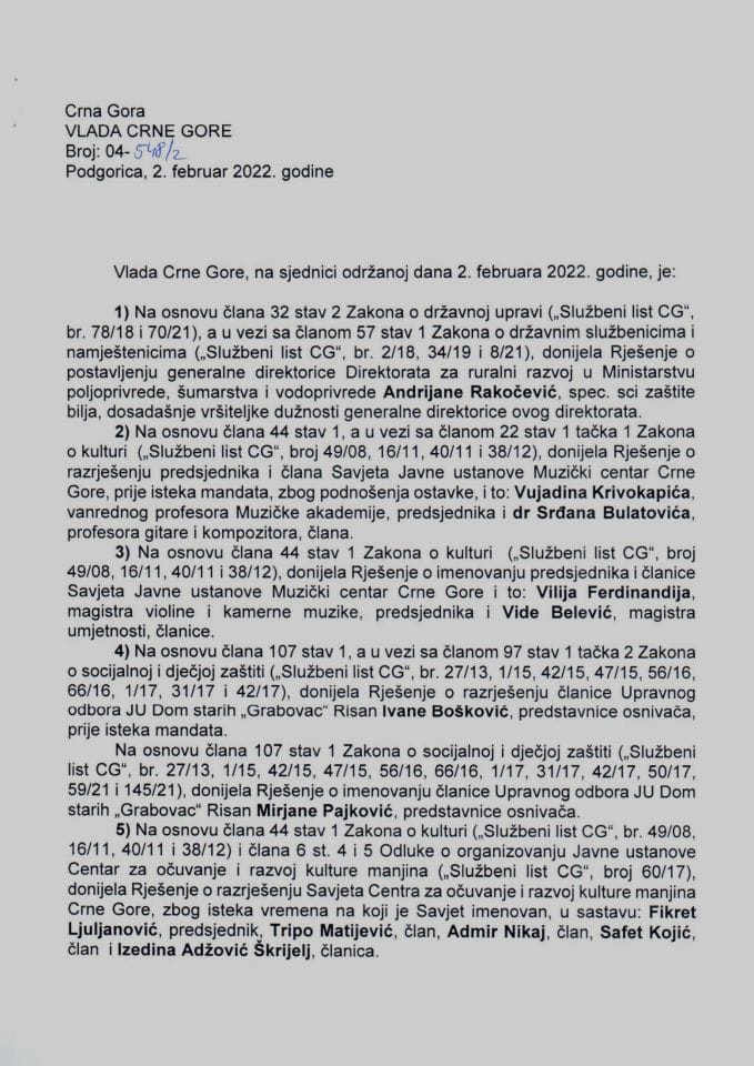 Кадровска питања са 57. сједнице Владе Црне Горе - закључци