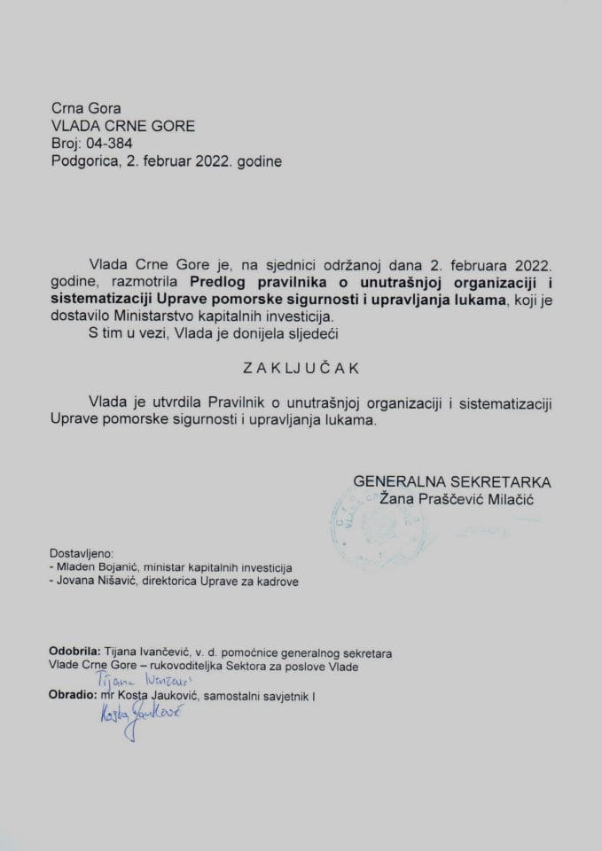 Предлог правилника о унутрашњој организацији и систематизацији Управе поморске сигурности и управљања лукама - закључци