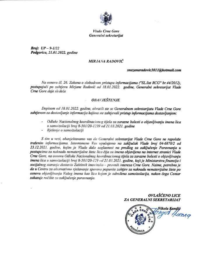 Informacija kojoj je pristup odobren po zahtjevu Mirjane Radović od 18.01.2022. godine – UP - 9-1/22