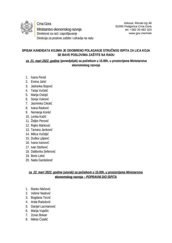 Spisak kandidata za polaganje stručnog ispita - zaštita i zdravlje na radu mart 2022.