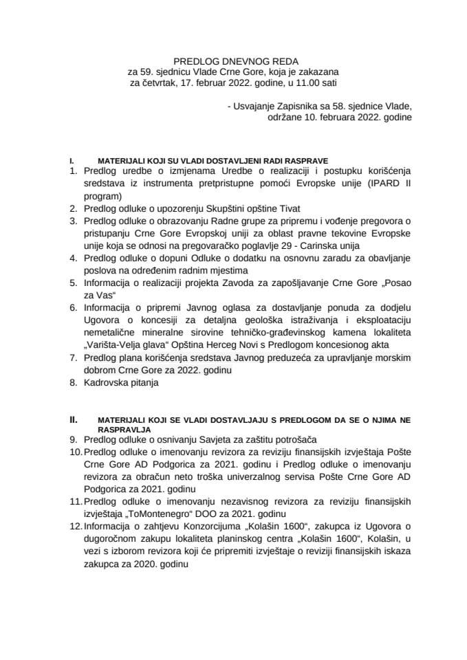 Предлог дневног реда за 59. сједницу Владе Црне Горе