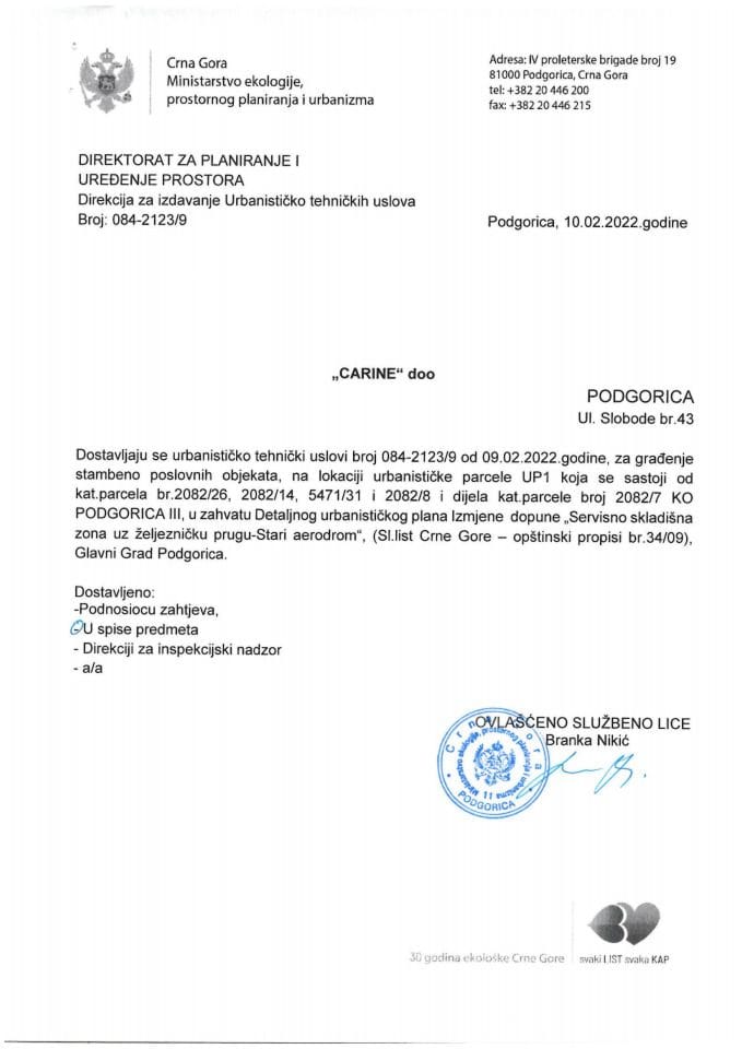 Izdati urbanističko-tehnički uslovi - 084-2123-9 CARINE DOO