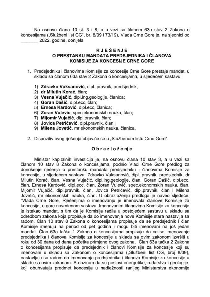 Predlog za prestanak mandata predsjednika i članova Komisije za koncesije Crne Gore