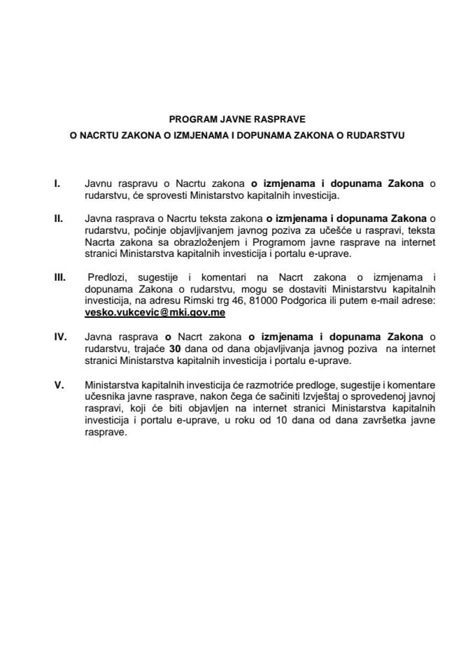 Програм јавне расправе о Нацрту закона о измјенама и допунама Закона о рударству
