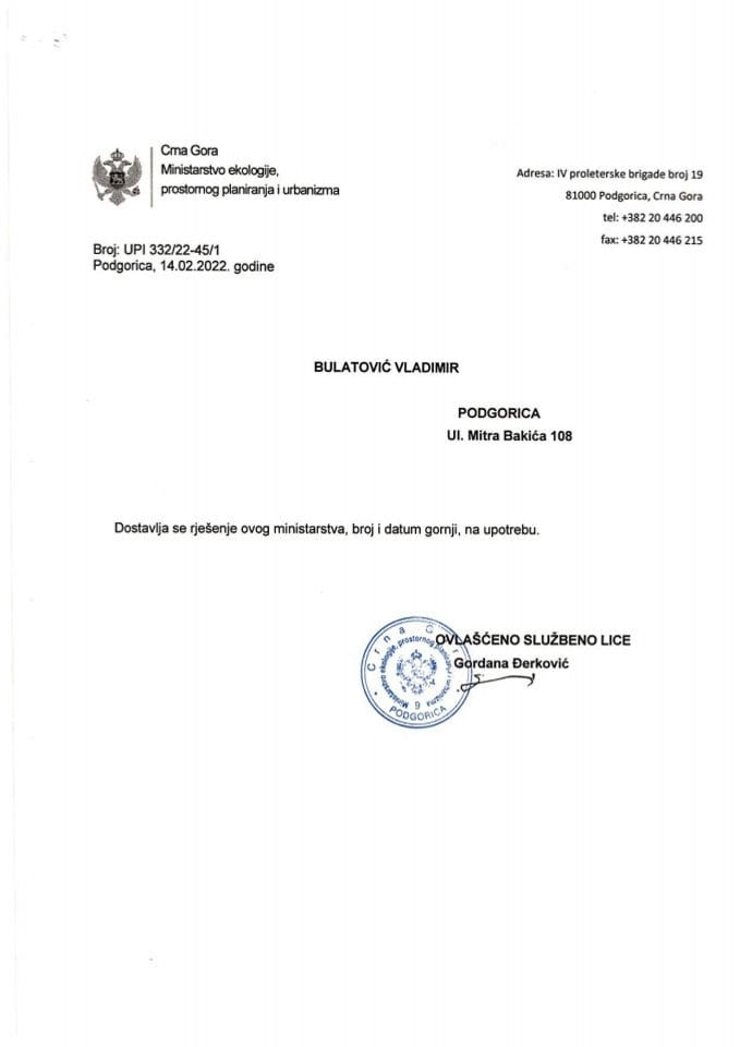 Licenca revizora za mašinsku djelatnost - UPI 12-332-22-45-1 VLADIMIR BULATOVIĆ