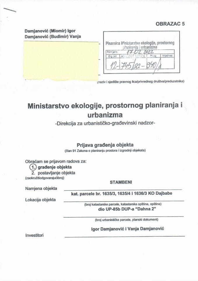Prijava građenja objekta - 12-745-22-940-1 DAMJANOVIĆ IGOR;DAMJANOVIĆ VANJA