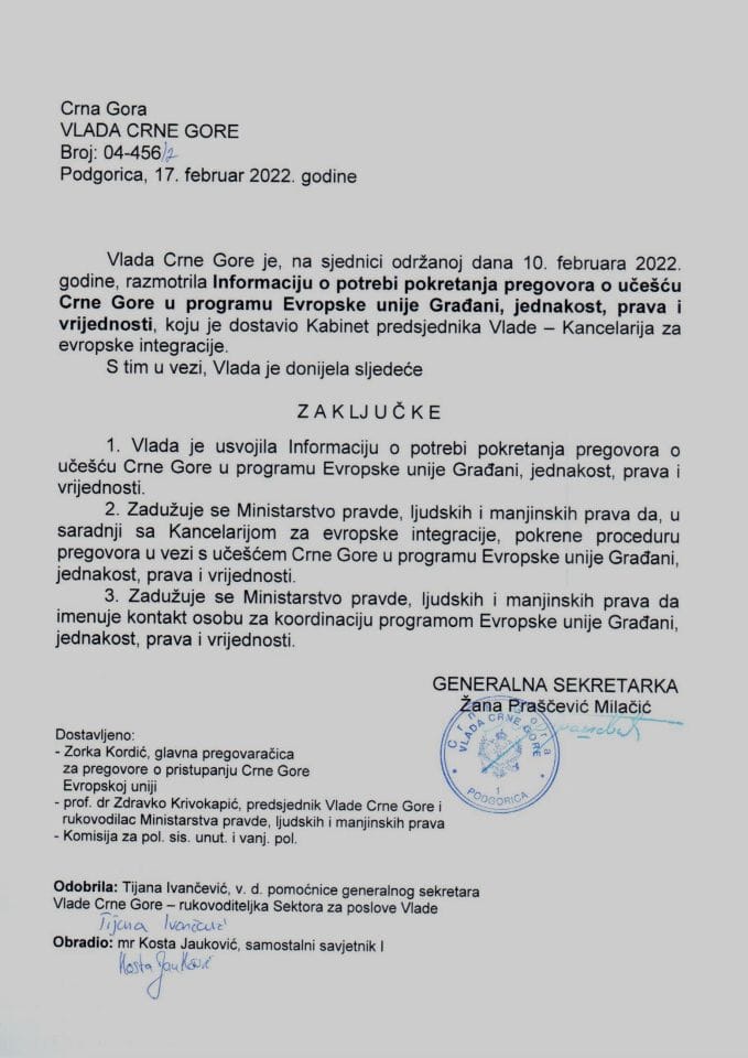 Информација о потреби покретања преговора о учешћу Црне Горе у програму Европске уније Грађани, једнакост, права и вриједности - закључци